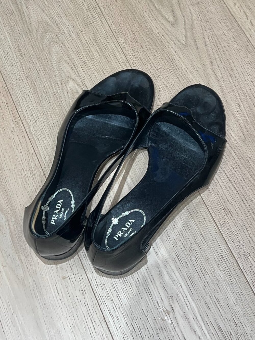 Authentic Vintage Prada Black Patent Leather Cutout Open Toe Flats, Size 37.5